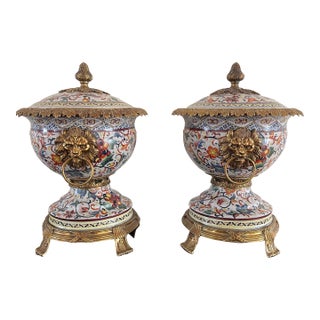 Pair of 20th-Century Chinese Porcelain and Ormolu Lidded Urns For Sale