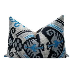 Canvello Ikat Blue, Black & Gray Silk Velvet Throw Pillow