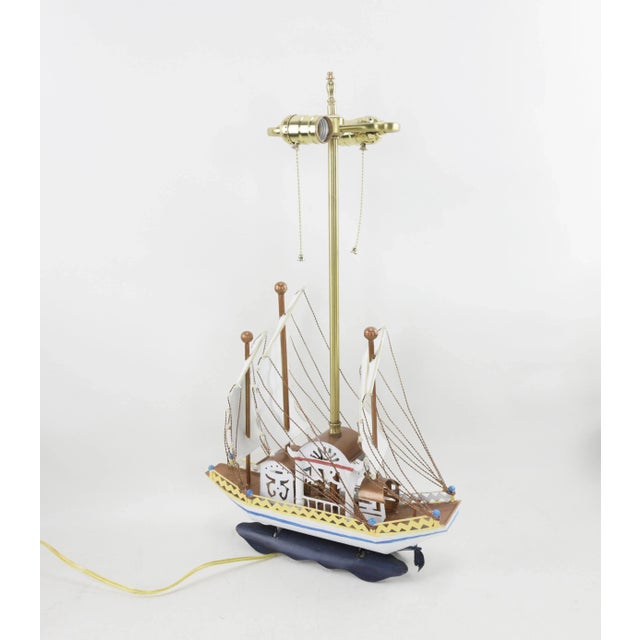 Metal Handcrafted Vintage Metal Sailboat, Then Made Into a Stunning Table Lamp Using Brass Fittings For Sale - Image 7 of 10