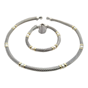 1990s David Yurman Authentic Estate Pearl Necklace 17" + Bracelet Set 7.5" Silver + 14k Gold, 2 Pieces