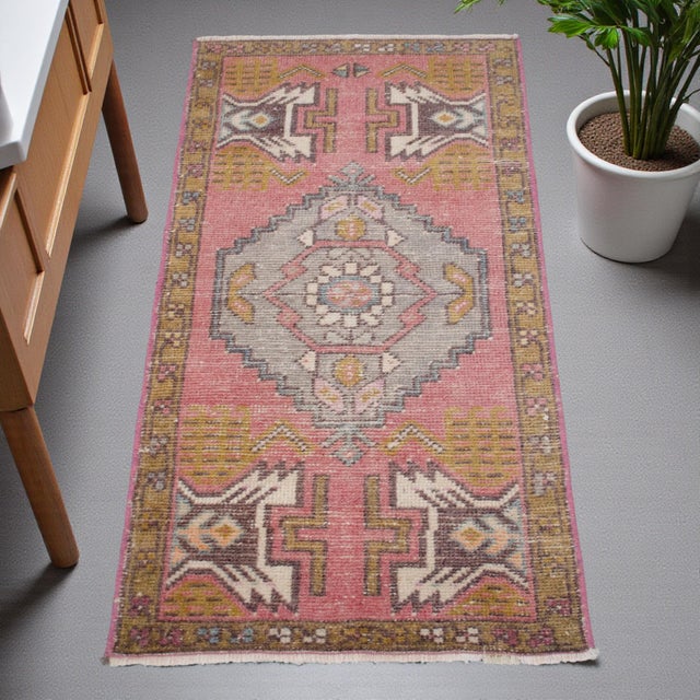 Mid-Century Modern Rose Pink Vintage Oushak Mat, Small Turkish Rug Earthy Colors Doormat Laundry Room Decor - 1'7" X 3' For Sale - Image 3 of 13