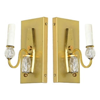 French Vintage Modern Brass & Glass Sconces - A Pair For Sale