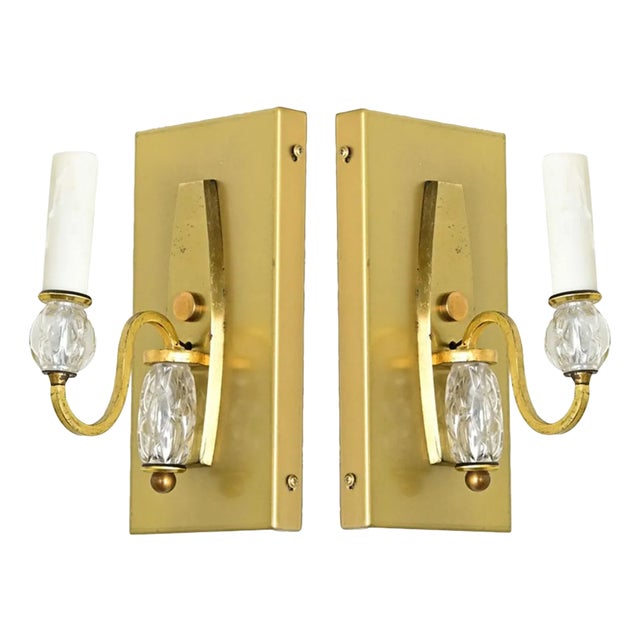 French Vintage Modern Brass & Glass Sconces - A Pair For Sale