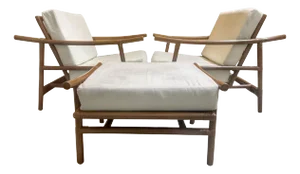 Dark Natural Rattan Club Chairs with Ottoman by Ficks Reed, 1960s - 3 Pieces