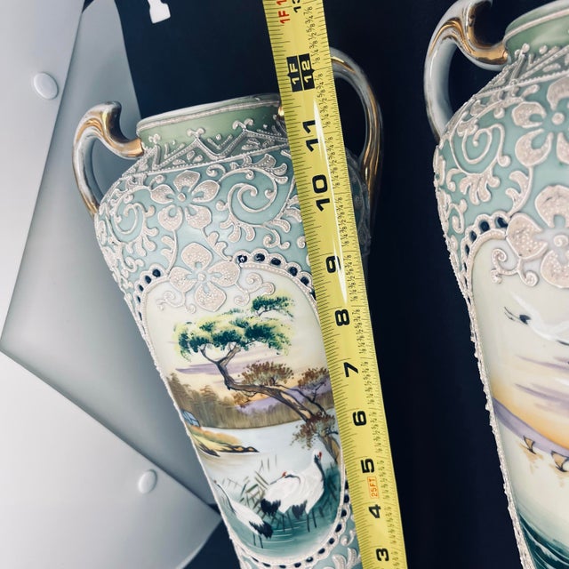 Ceramic Antique Nippon Hand Painted Moriage Scenic Crane Vase Pair – 13” – Japan For Sale - Image 7 of 12