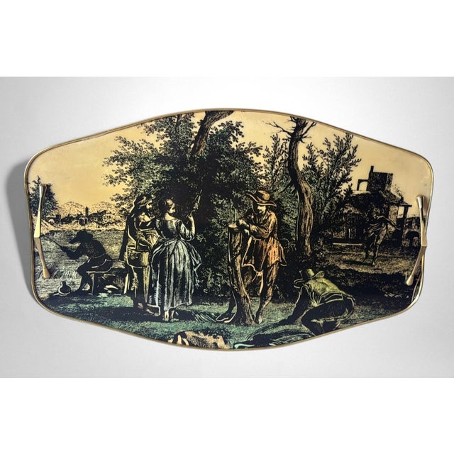 Italian Decorative Tray With Brass Handles and Pastoral Scene For Sale - Image 4 of 18