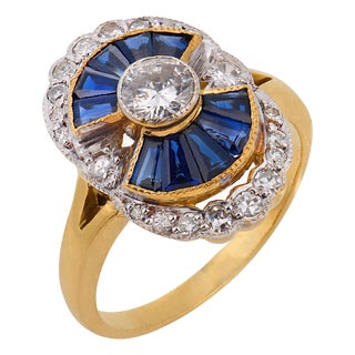 Vintage Diamond Sapphire 18k Yellow Gold Ring, Size 7.5 For Sale