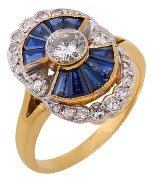Vintage Diamond Sapphire 18k Yellow Gold Ring, Size 7.5