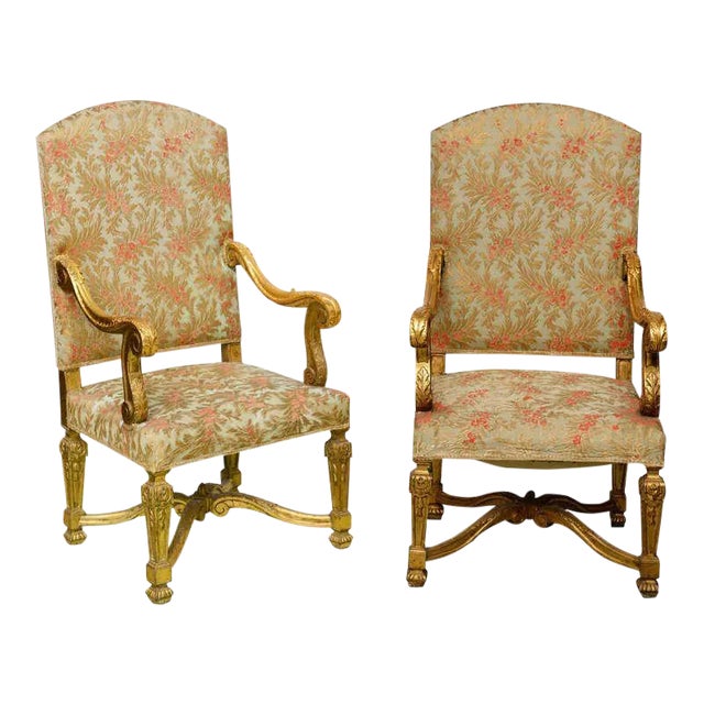 Antique Palatial French Grand Style Louis XIV Giltwood Throne Chairs - a Pair For Sale