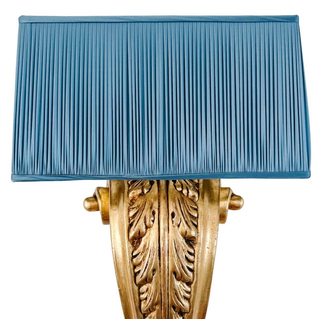 French Grand Scale Parisian Giltwood Corbel Sconces With Blue Pleated Silk Shades - A Pair For Sale - Image 9 of 13