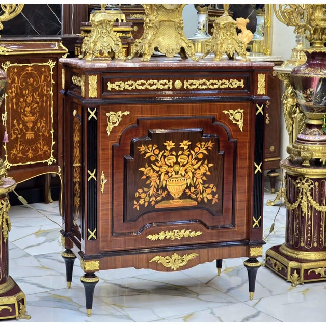Marble-Top Cabinet With Intricate Wood Marquetry & Gold Leaf Accents For Sale - Image 4 of 4
