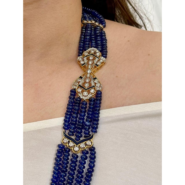 1000 Ct Natural Tanzanite Bead Five Strand Necklace + 4.5 Ct Diamond 14 K Y Gold For Sale - Image 12 of 18