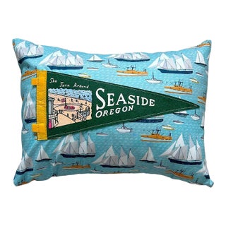 Oregon Seaside Vintage Pennant on New Woven Sailboat Fabric Throw Pillow For Sale