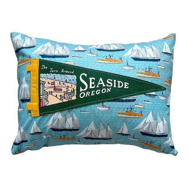 Oregon Seaside Vintage Pennant on New Woven Sailboat Fabric Throw Pillow For Sale
