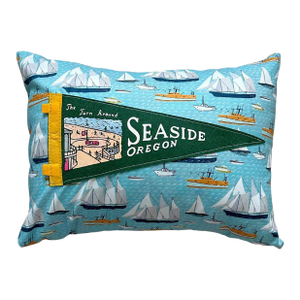 Oregon Seaside Vintage Pennant on New Woven Sailboat Fabric Throw Pillow