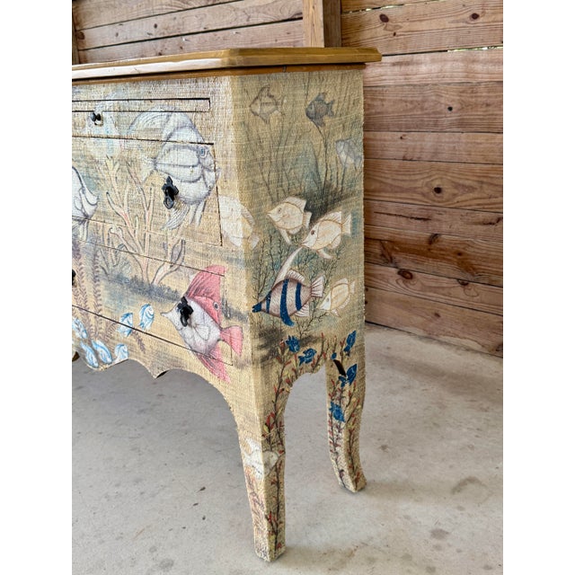 GuildMaster Coastal Hand-Painted Grasscloth Fish Sideboard Credenza For Sale - Image 9 of 12