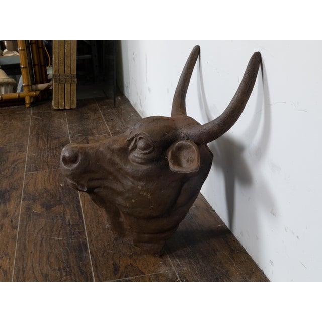 English 1930s-1940s Cast Iron Bull Wall Hanging Sculpture with Rusty Patina For Sale - Image 11 of 11