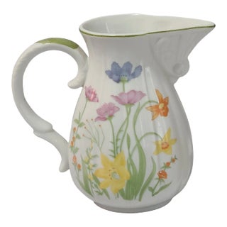 Vintage Floral Hand Painted Porcelain "Mann Day Lily 1976 Japan" Milk Pitcher For Sale