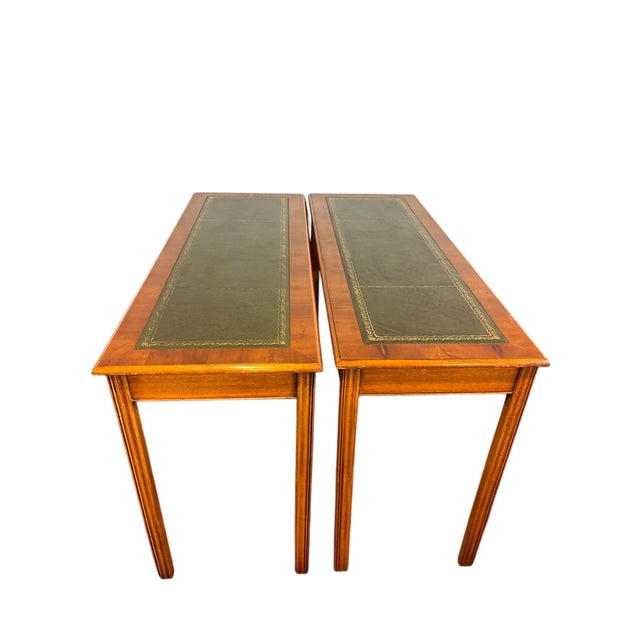 English Yew Tables with Green Leather, Set of 2 For Sale - Image 3 of 6