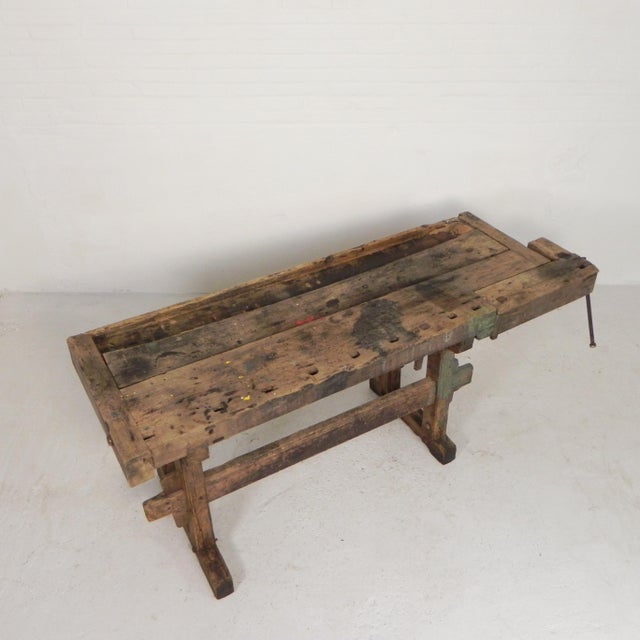 Industrial Wooden Workbench with Vice, 1930s For Sale - Image 4 of 18