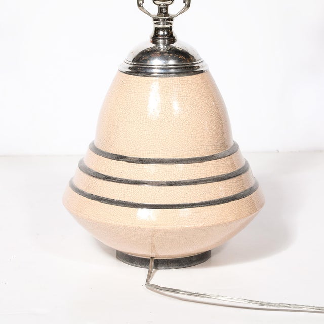Art Deco Machine Age Craquelure Cream Ceramic Table Lamp Signed Marcel Guillard For Sale - Image 11 of 17