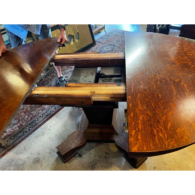 Early 20th Century Antique 48” Tiger Oak Round Pedestal Dining Table With 3/4” Glass Top For Sale - Image 5 of 9