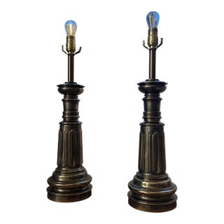 Pair of Vintage Stiffel Solid Brass Hollywood Regency Table Lamps – Paneled Pedestal Baluster Form, 26” Tall For Sale