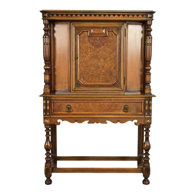 Berkey & Gay Antique English Jacobean Carved Walnut and Burl Wood Bookcase or Bar Cabinet, Circa 1920s For Sale
