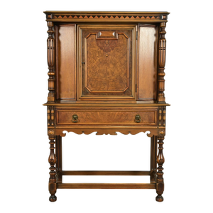 Berkey & Gay Antique English Jacobean Carved Walnut and Burl Wood Bookcase or Bar Cabinet, Circa 1920s