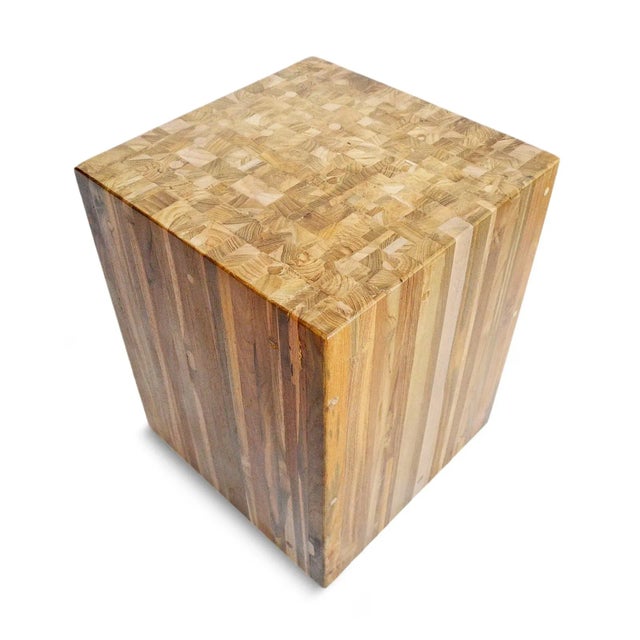 Modern rustic square side table / stool made from many cubed pieces of salvaged teak wood. Smooth polished sides....