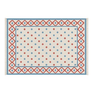 Handmade Cotton Vegetable Dyed Rug, White, Sky Blue and Terracotta Star Dhurrie-6'x9' For Sale