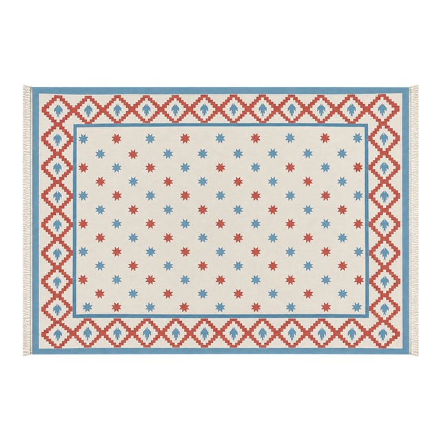 Handmade Cotton Vegetable Dyed Rug, White, Sky Blue and Terracotta Star Dhurrie-6'x9' For Sale