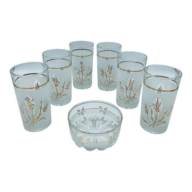 Mid-Century Decover Italy Frosted Highball & Garnish Bowl Cocktail Set- 7 Pieces For Sale