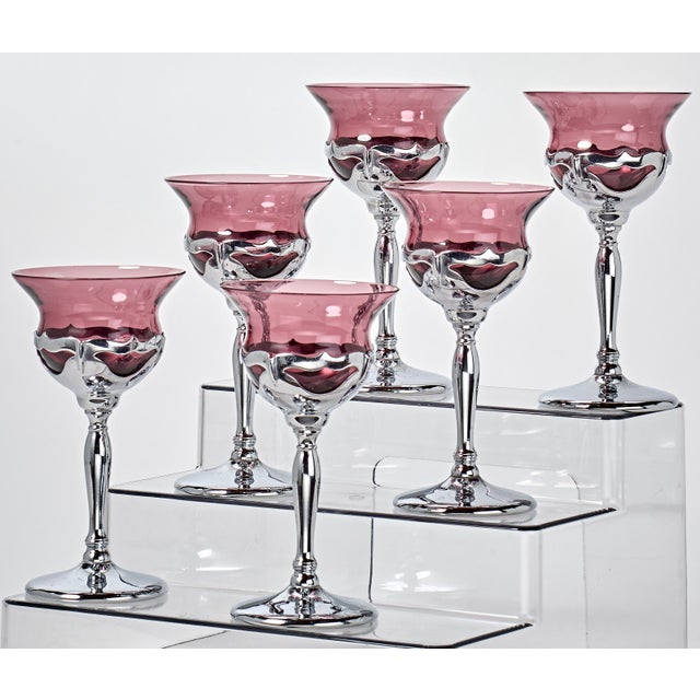 1930s Set of 6 Art Deco Krome Kraft Wine Goblets - Amethyst - By Farber Bros. For Sale - Image 4 of 5