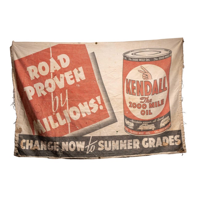 Vintage Kendall 2000-Mile Oil Canvas Advertising Banner For Sale