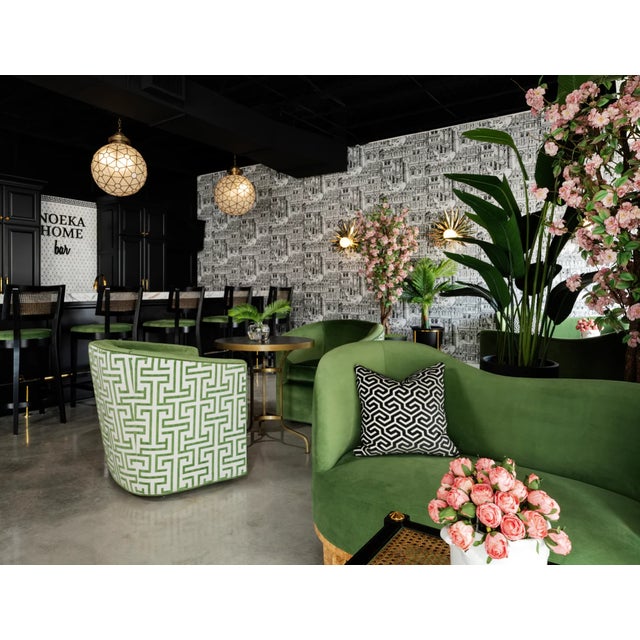 Palm Collection Black Green Performance Fabric Bar Stool With Cane Back W/ Brass Kickplate For Sale In Houston - Image 6 of 7