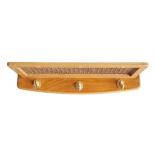 Mid-Century German Wall-Mounted Coat Rack with Walnut Wood Frame, Brass Hooks and Wicker Hat Shelf, 1960s For Sale