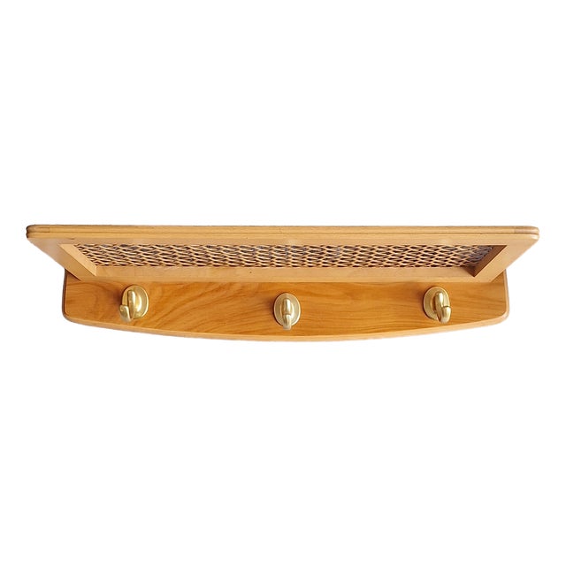 Mid-Century German Wall-Mounted Coat Rack with Walnut Wood Frame, Brass Hooks and Wicker Hat Shelf, 1960s For Sale