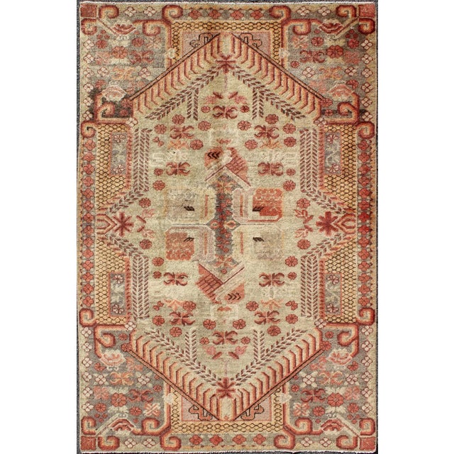 Textile Khotan Antique Rug With Exquisite Tribal Patterns in Gray, Light Blue, Orange For Sale - Image 7 of 7