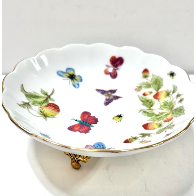 French Vintage Ardalt Lenwile Porcelain Butterfly Dish – Footed Trinket Bowl With Gilt Stand For Sale - Image 3 of 7