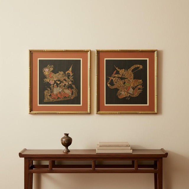 Vintage Thai Silk Paintings-Pair-Ramakien-Thailand Framed Asian Art-Mythology For Sale - Image 10 of 10