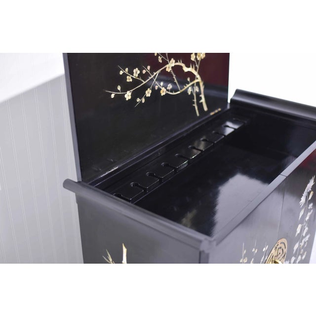 Mid Century Chinoiserie Altar Mother of Pearl Flip Top Liquor Bar For Sale - Image 11 of 12