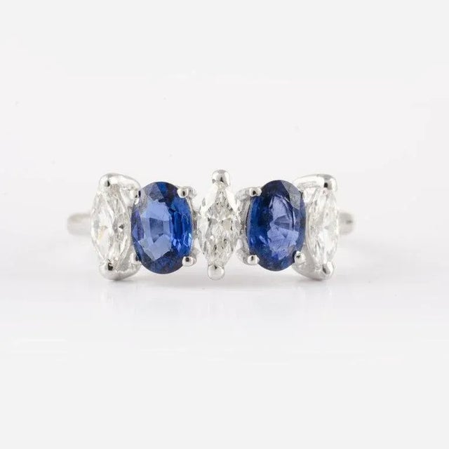 Art Deco Natural Diamond & Blue Sapphire Engagement Ring for Her in Solid 18k White Gold Size 7 For Sale - Image 3 of 13