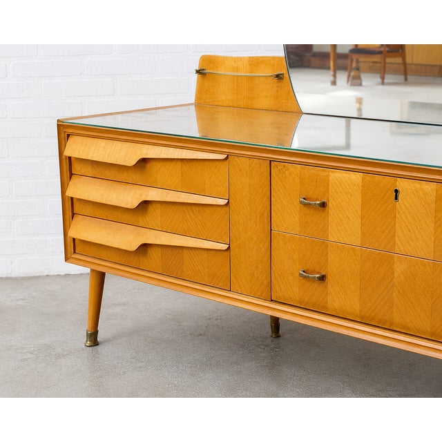 Mid-Century Modern Italian Mid Century Modern Maple Long Dresser / Vanity + Large Mirror, C. 1960's For Sale - Image 3 of 15