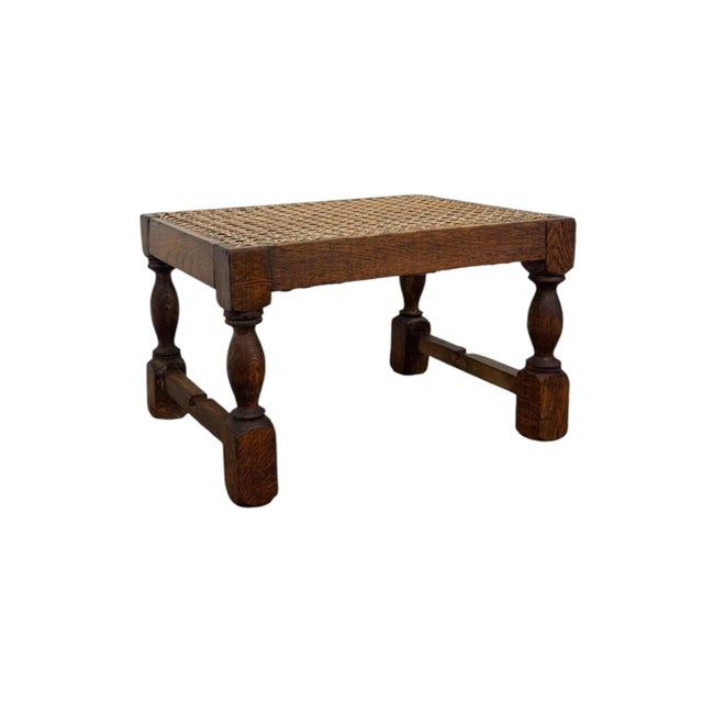 Wood Vintage English Oak Footstool With Woven Cane Top and Turned Legs. For Sale - Image 7 of 9