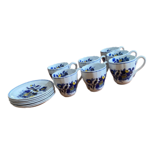 Spode Blue Harvest Tea Cups Full Set of 6 Blue Bird England 1838 Antique Saucers