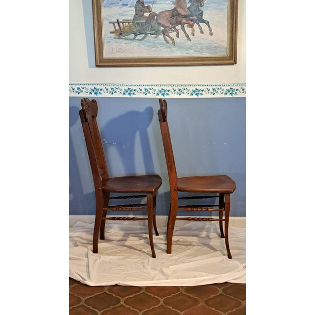 Pair Antique Quarter Sawn Oak Chairs Art Nouveau Carved Backs Tiger Oak C1900 For Sale - Image 4 of 12