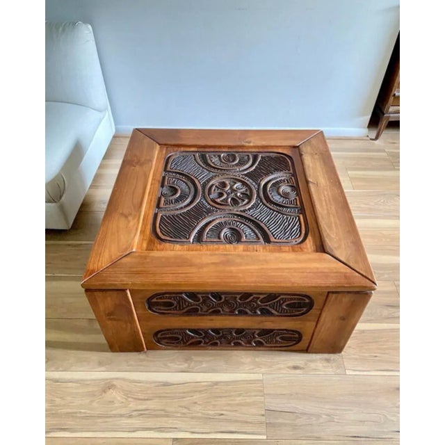 Mexican Modern Carved Pine Wood Coffee Table in the style of Evelyn Ackerman, Circa 1970s