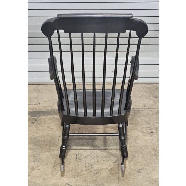 Wood Late 20th Century Share Black Hitchcock Style Windsor Arm Rocking Chair Harvest Stencil Gold Accents For Sale - Image 7 of 8