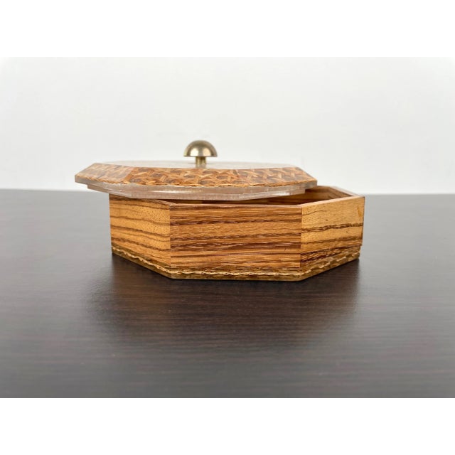Acrylic Wicker Wood & Brass Octagonal Box by Christian Dior, France, 1970s For Sale - Image 6 of 10